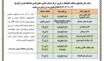 اطلاعیه ساعات کاری کتابخانه مرکزی -زمستان ۱۴۰۴