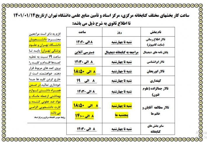 اطلاعیه ساعات کاری کتابخانه مرکزی در فروردین ماه ۱۴۰۱