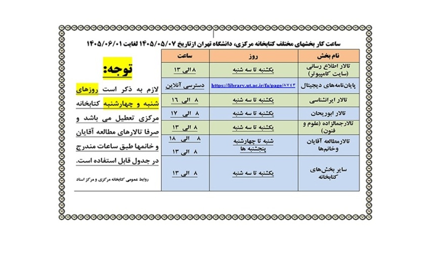 ساعات کاری کتابخانه مرکزی در مردادماه 1405
